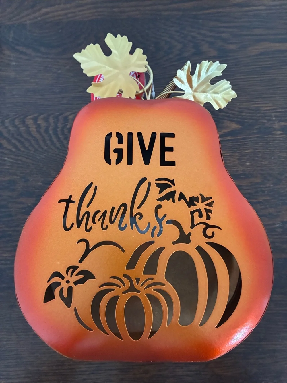 NWT-LED Light Up- Give Thanks-Orange Metal Pumpkin Decoration w/ Metal Leaves 🍁
